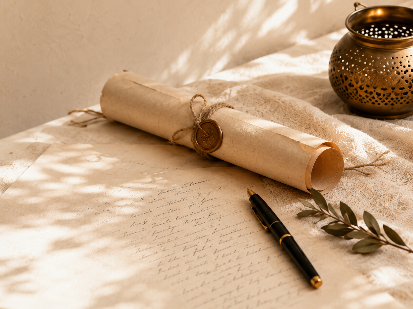 Nature morte éditoriale : lettre manuscrite, parchemin scellé, stylo plume et photophore en laiton