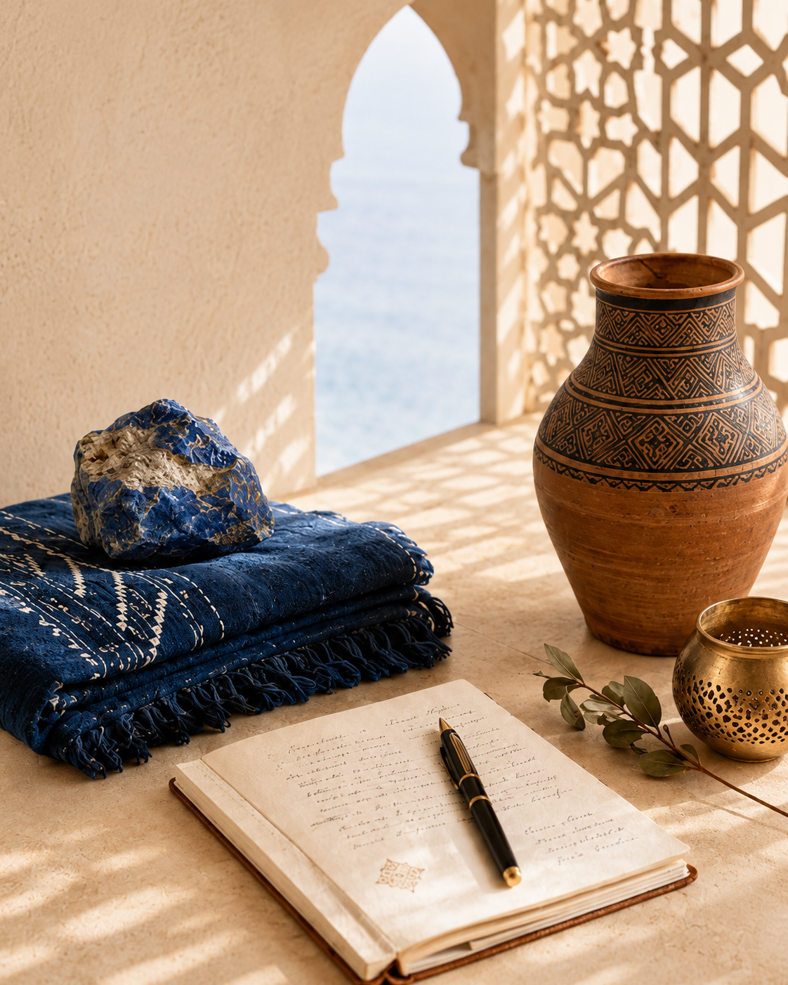 Nature morte éditoriale : carnet, stylo plume, tissus indigo, vase en terre cuite et vue sur la mer