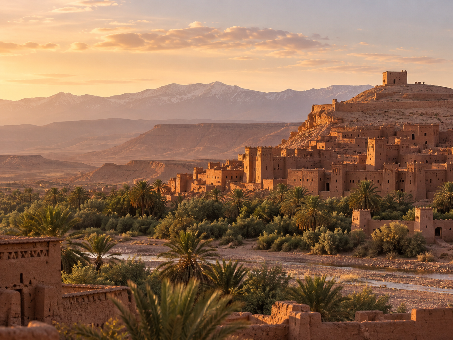Ouarzazate au coucher du soleil, entre kasbahs, palmeraie et montagnes.