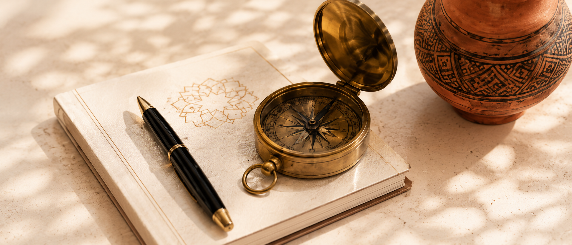Nature morte éditoriale : boussole en laiton, carnet à motif doré et stylo-plume, évoquant l’orientation et le parcours professionnel.